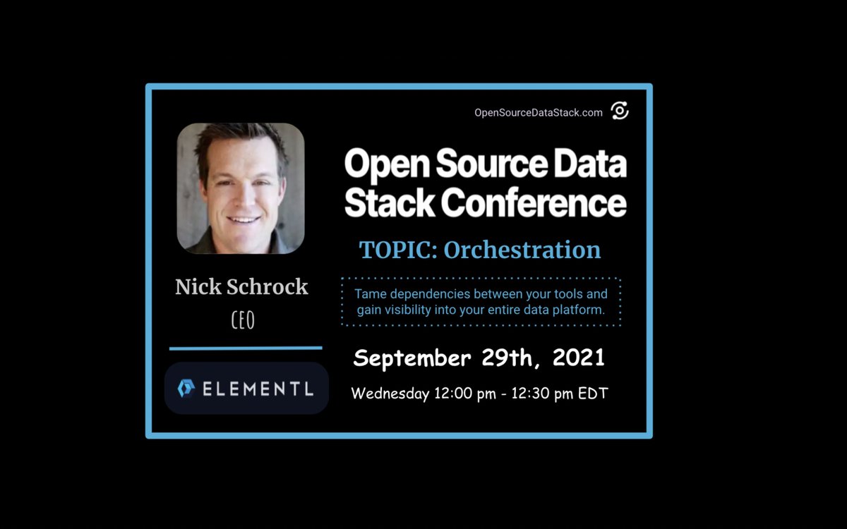grouparoo's tweet photo. We’re glad to say that Nick Schrock @schrockn CEO of Elementl &amp; creator @dagsterio will explain data orchestration at #opensourcedatastackconference

Tues. Sept. 28th
https://t.co/TiaZVcO1Zl
Find out how it all works together!

#dataisfun #datadependancies #dataplatforms #dagster https://t.co/8LR82NKewK