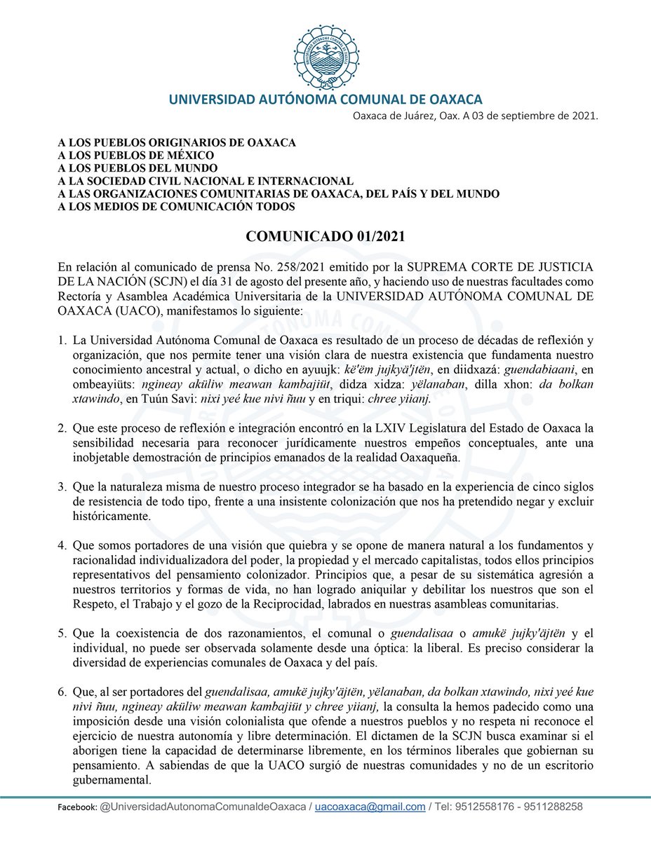 MartinVargasMX's tweet photo. En defensa de la #EducaciónPública, la Universidad Autónoma Comunal de Oaxaca #UACO manifiesta su postura, arropada por comunidades de #Oaxaca ante dictamen de la @SCJN #somosuaco https://t.co/tMukFAlyZE