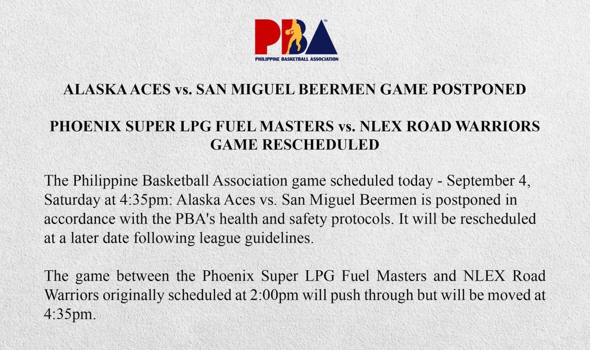 The Philippine Star On Twitter Just In The Pba Game Scheduled On Saturday Between Alaska Aces And The San Miguel Beermen Has Been Postponed In Accordance With The Pba S Health And Safety