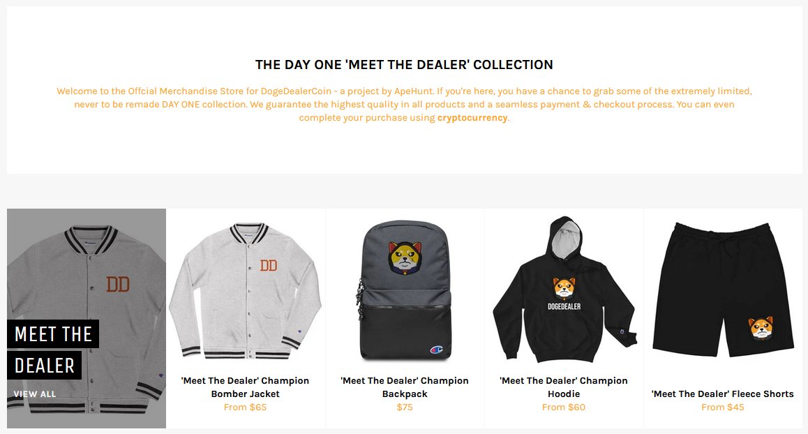🧥 It's finally here! Our first merch drop for #DogeDealer is LIVE thanks to <a href="/SnizzyOnTheBeat/">Snizzy</a>!

👉 Check out the new "Meet the Dealer" collection now @ merch.DogeDealerCoin.com!

#BSCGems #BSC #BNB #PancakeSwap #Doge #Dogecoin #DogeArmy #DogecoinToTheMoon #BackToSchool #Bitcoin