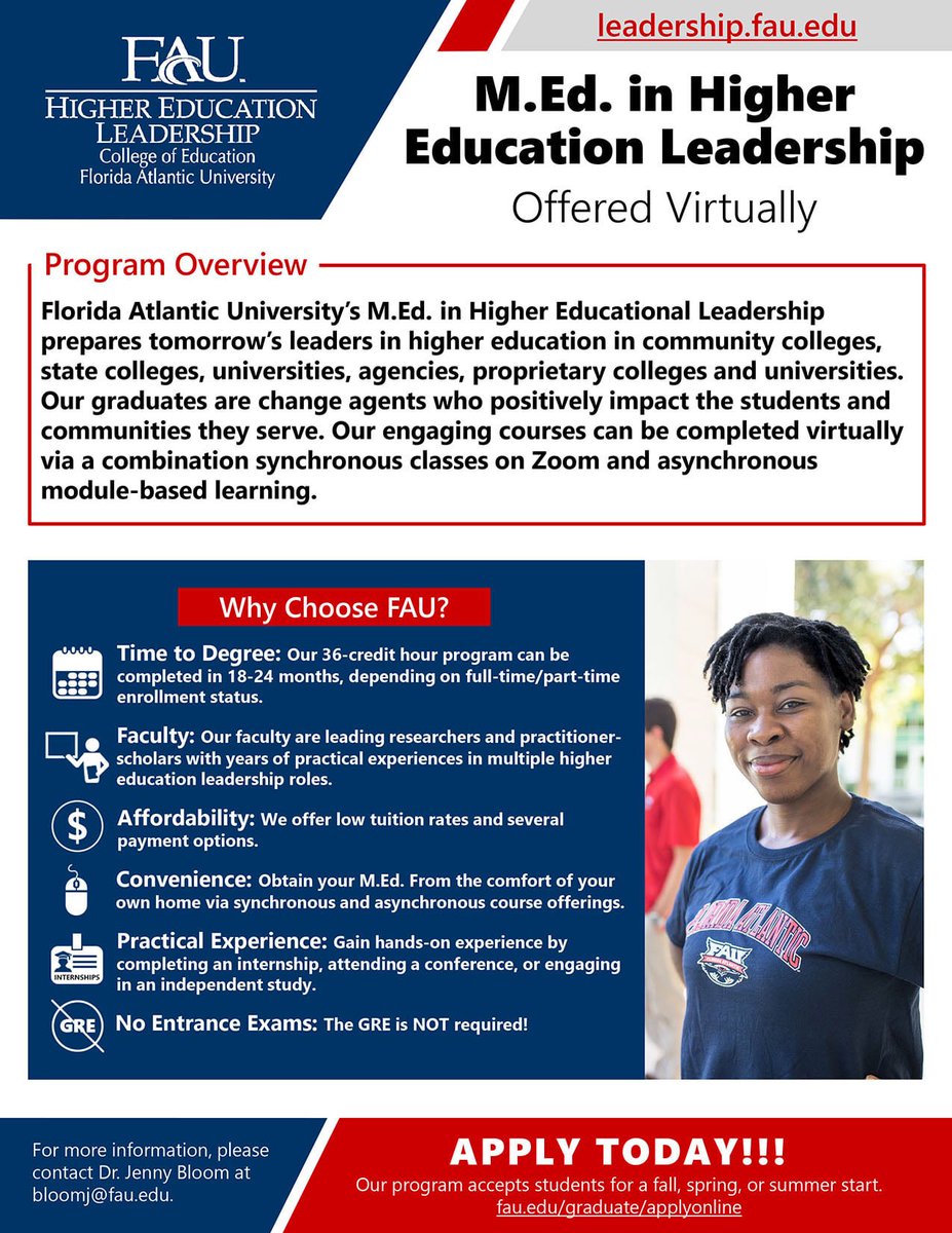Edlead_FAU's tweet photo. Earn your M.Ed. in Higher Education Leadership virtually, applications are accepted on line through the @FAUGradCollege at https://t.co/jNaEq0au21 

@faueducation @FloridaAtlantic https://t.co/FXwF9X6zSK