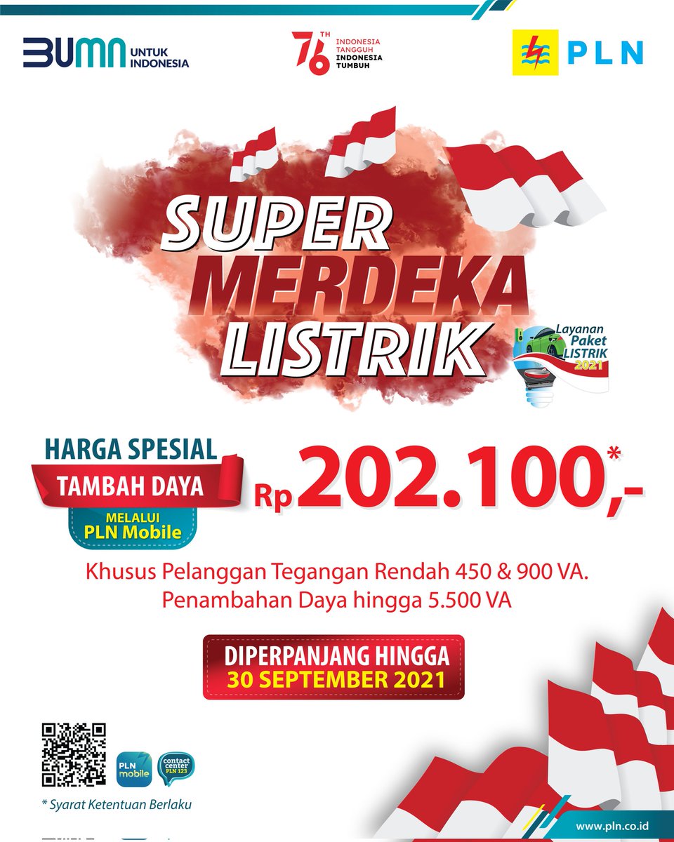 DIPERPANJANG HINGGA 30 SEPTEMBER 2021 🇮🇩 

Electrizen, Bagi pelanggan daya 450 VA dan 900 VA, sobat masih bisa loh menikmati Promo Super Merdeka Listrik dari PLN. 

#SuperMerdekaListrik #HematJutaanRupiah #PLN #PLNTangguhdanTumbuhBersamaPelanggan #HariPelangganNasional2021