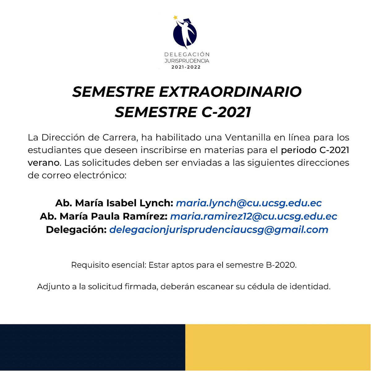 DEFJ_UCSG's tweet photo. Comunicado referente al Semestre Extraordinario C-2021, verano.
Para mayor información puedes escribirnos por interno  #Delegacion2021 #SeguimosContigo https://t.co/azXs6HiVwP