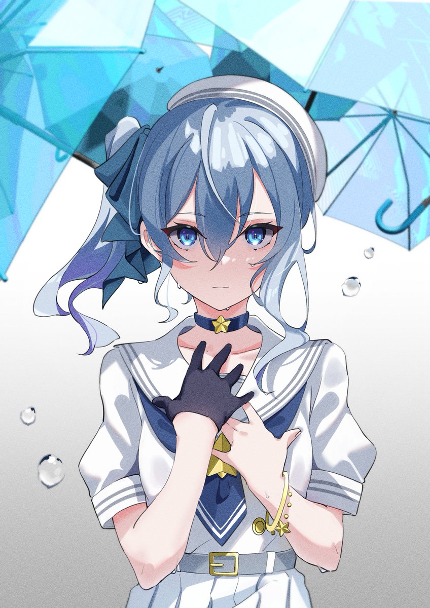 hoshimachi suisei 1girl solo gloves blue hair blue eyes side ponytail umbrella  illustration images