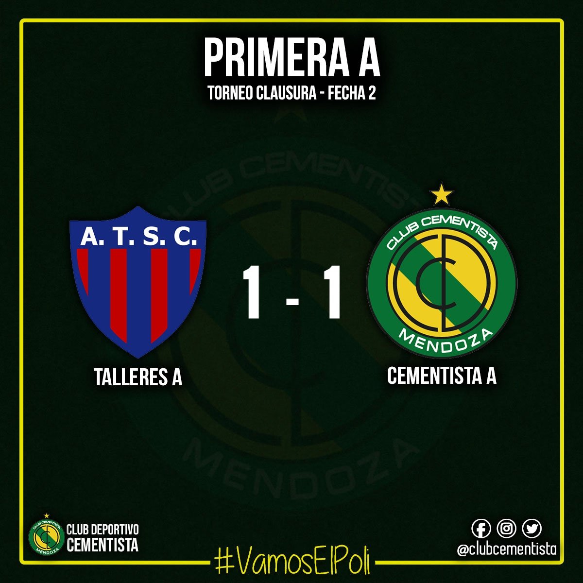 ClubCementista's tweet photo. #PrimeraA | Cementista A empató en su visita a Talleres A por la segunda fecha del torneo Clausura 💪
#VamosElPoli🔰 https://t.co/03n0gu9rn0