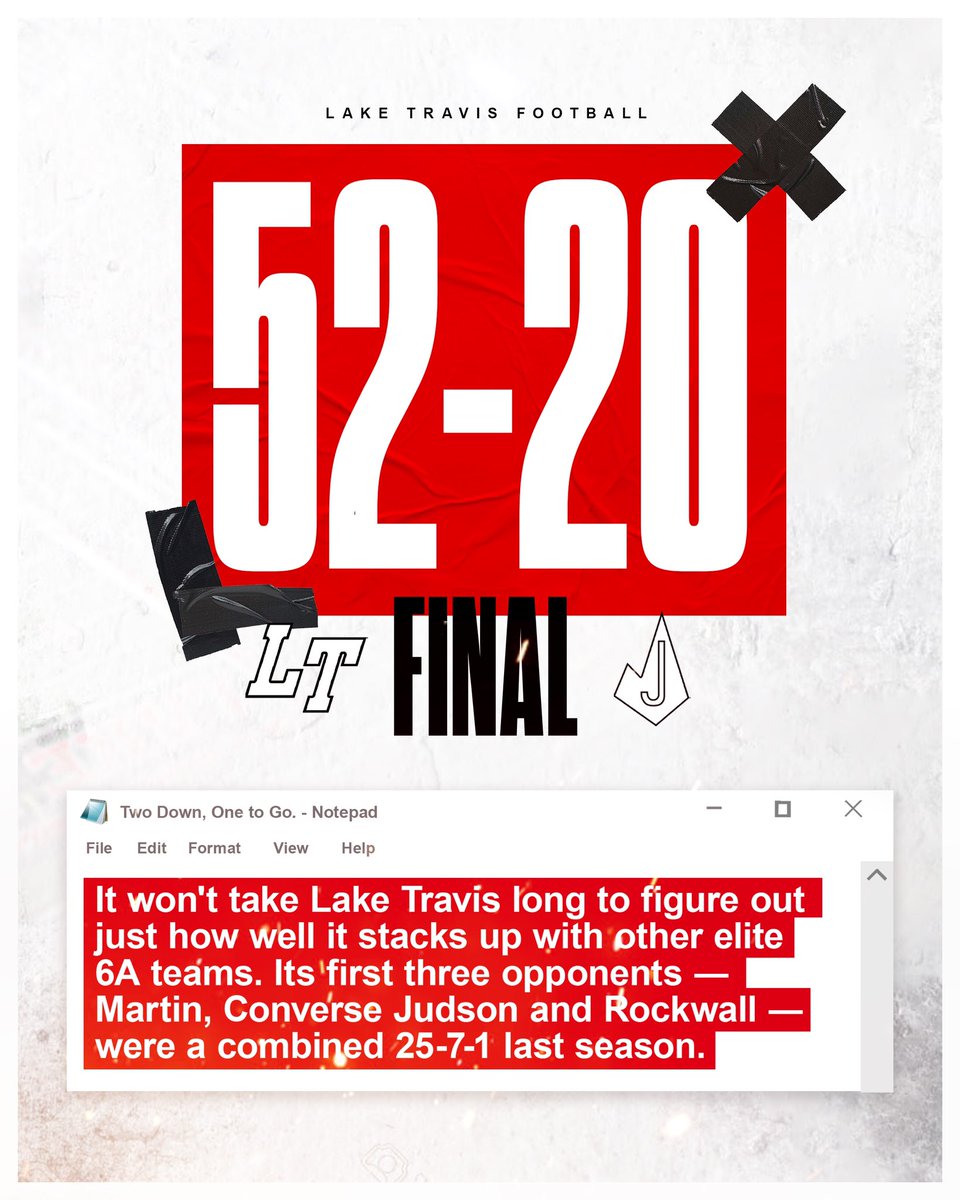 FINAL: The Lake Travis Cavaliers took over Judson tonight in Cavalier Stadium with a final score of 52-20. Maybe next time we’ll give them a chance. Go CAVS. Quote CC <a href="/statesman/">Austin Statesman</a>