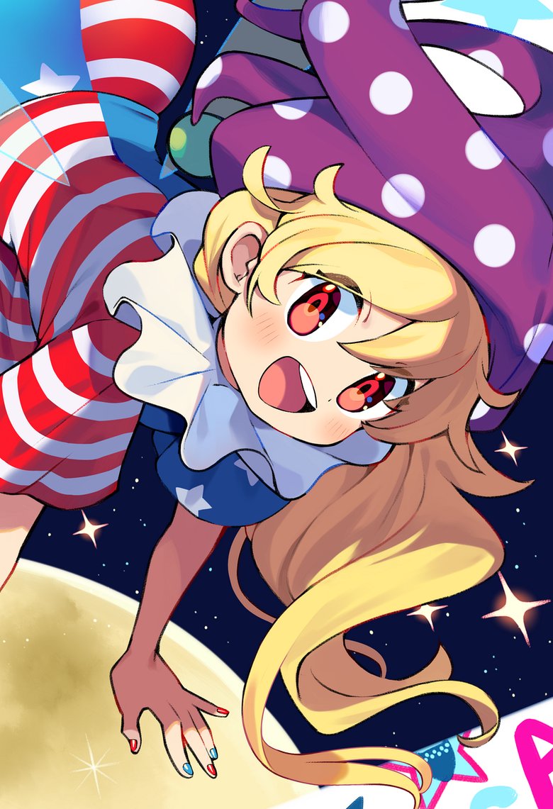 clownpiece 1girl solo hat blonde hair long hair jester cap open mouth  illustration images