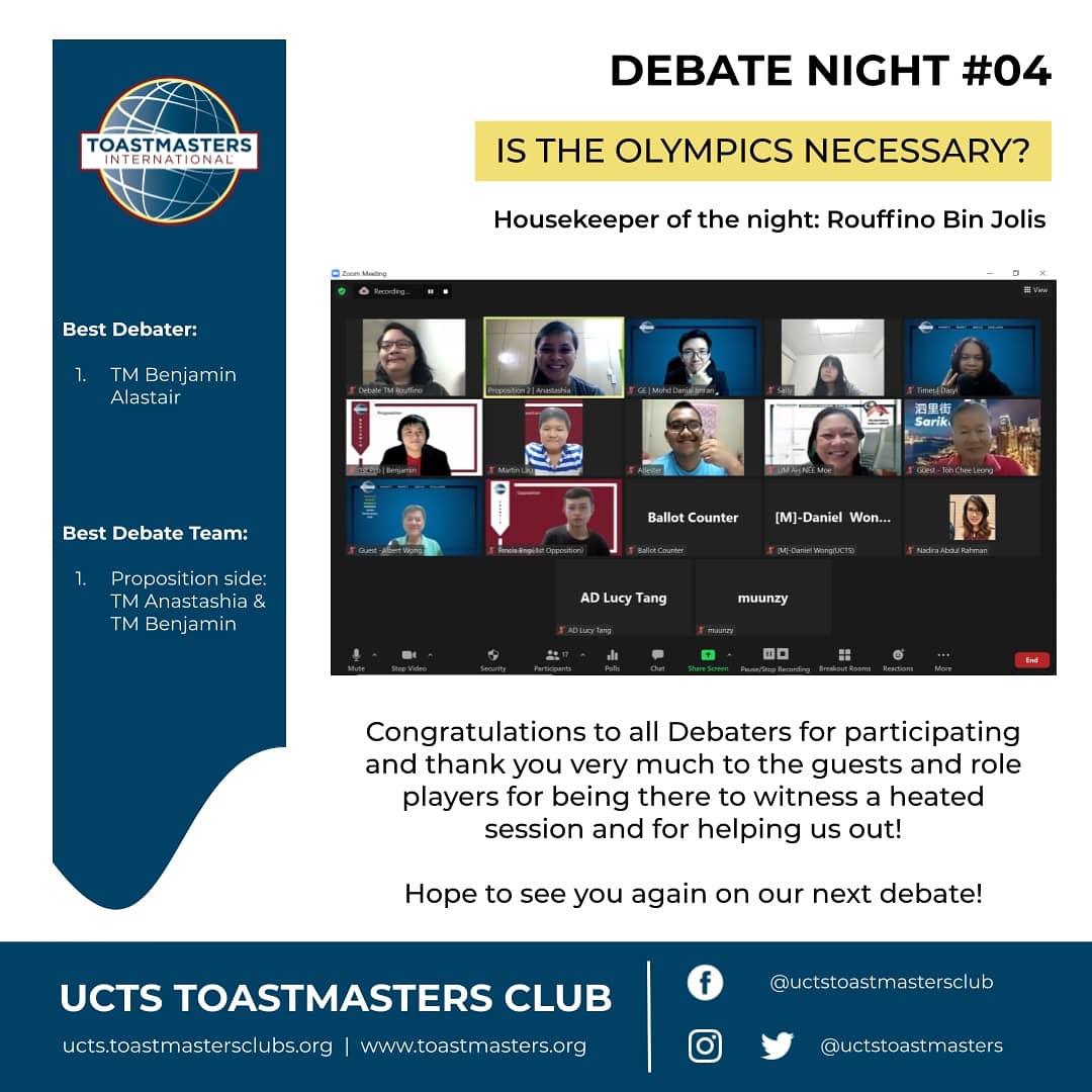 Greetings fellow Toastmasters! Last night was a blast, literally. A debate session held last night with the motion "Is the Olympics necessary?".

Want to know what it feels like? Then mark your calendars, because next month 1st October 2021, we will held another debate session!