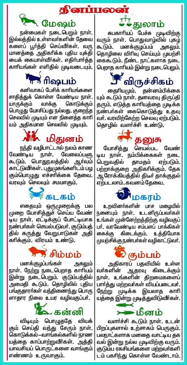 Daily_thagaval's tweet photo. *ராசி பலன் 04/09/2021*
#Tamilhoroscope #horoscopeintamil #horoscope #astrology  #todayhoroscope #dailyindianews  #newsupdate #tamilnews #newspaper #dailythagaval #dinathagaval #EPAPER https://t.co/Yy9GpATvgg