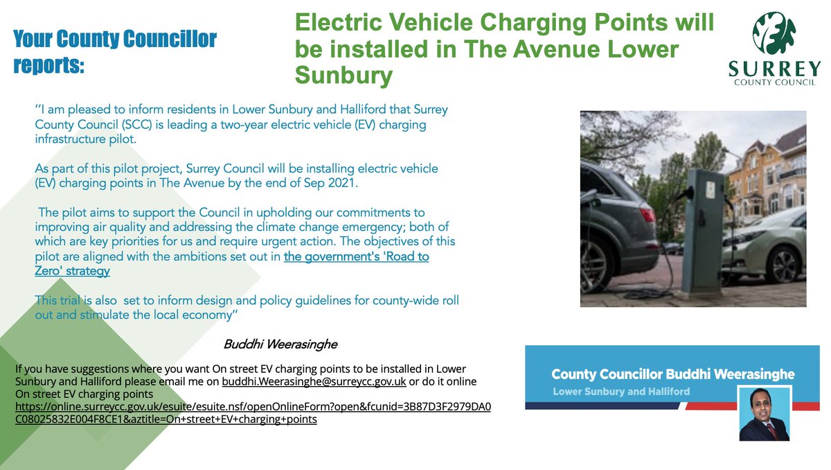 buddhi_w's tweet photo. I'm pleased to inform residents in Lower Sunbury and Halliford that @SurreyCouncil l is leading a two-year #ElectricVehicles   (#EV) charging infrastructure pilot.

@SpelthorneBC #GreenEconomy  @SurreyNews @hstories4 @spelthorneca @surreytorycllrs https://t.co/T8c2iHp7r5
