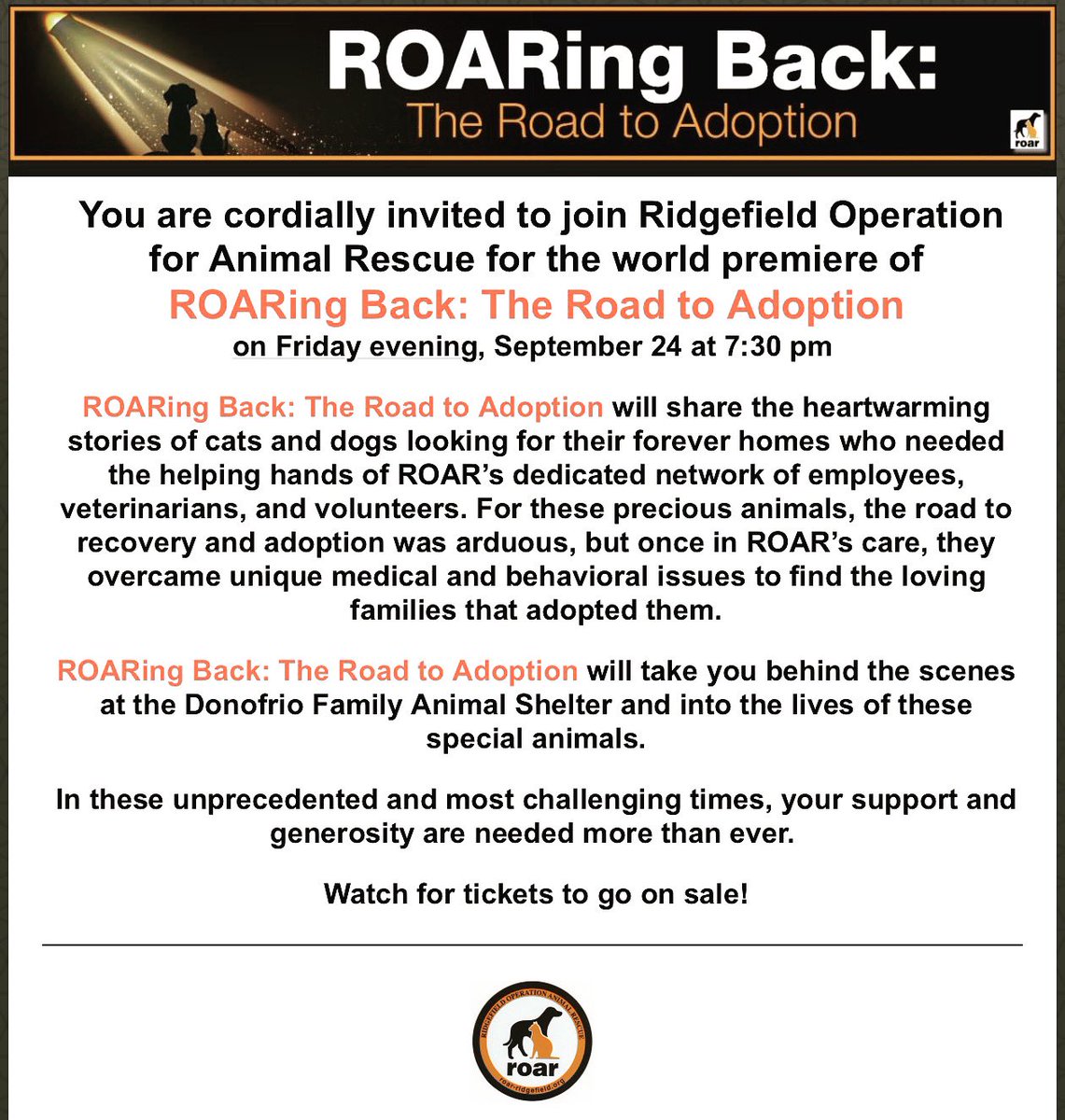 Watch for news on this truly incredible event in the coming days. You won’t want to miss this one! #ROARridgefield #ROARingBack #TheRoadToAdoption #ComingSoon