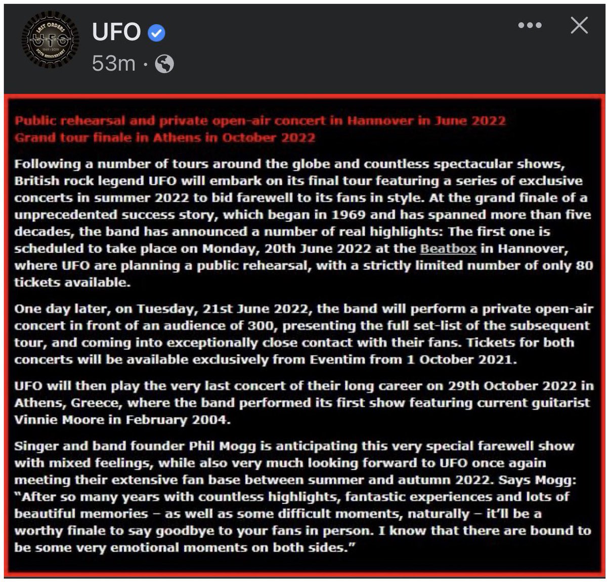 jackybambam933's tweet photo. UFO Announces Farewell!! The Bands Final Show will be 10/29/22. It’s been an amazing journey. One of The Best &amp; Influential Rock Bands Of The 70’s! They deserve so much more respect. It’s been a great ride. Thank You . @UFO_rockband @933WMMR #UFO #wmmrftv #drackpack https://t.co/CaDQYQr9ai