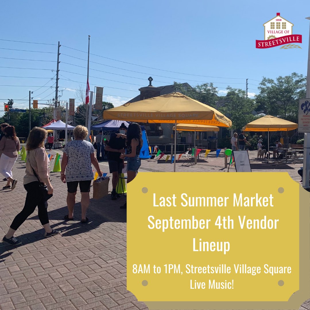 Join us today from 8-1 in the Streetsville Village Square for our LAST Summer Market!🍓

💻Check out our IG/FB or Website for today's lineup of vendors!

🎶 Don't forget about the musical performance by Craig Manning from 10AM to 11:30AM! Music sponsored by <a href="/breadnhoneyfest/">Bread&HoneyFestival</a> 🐝 🍯