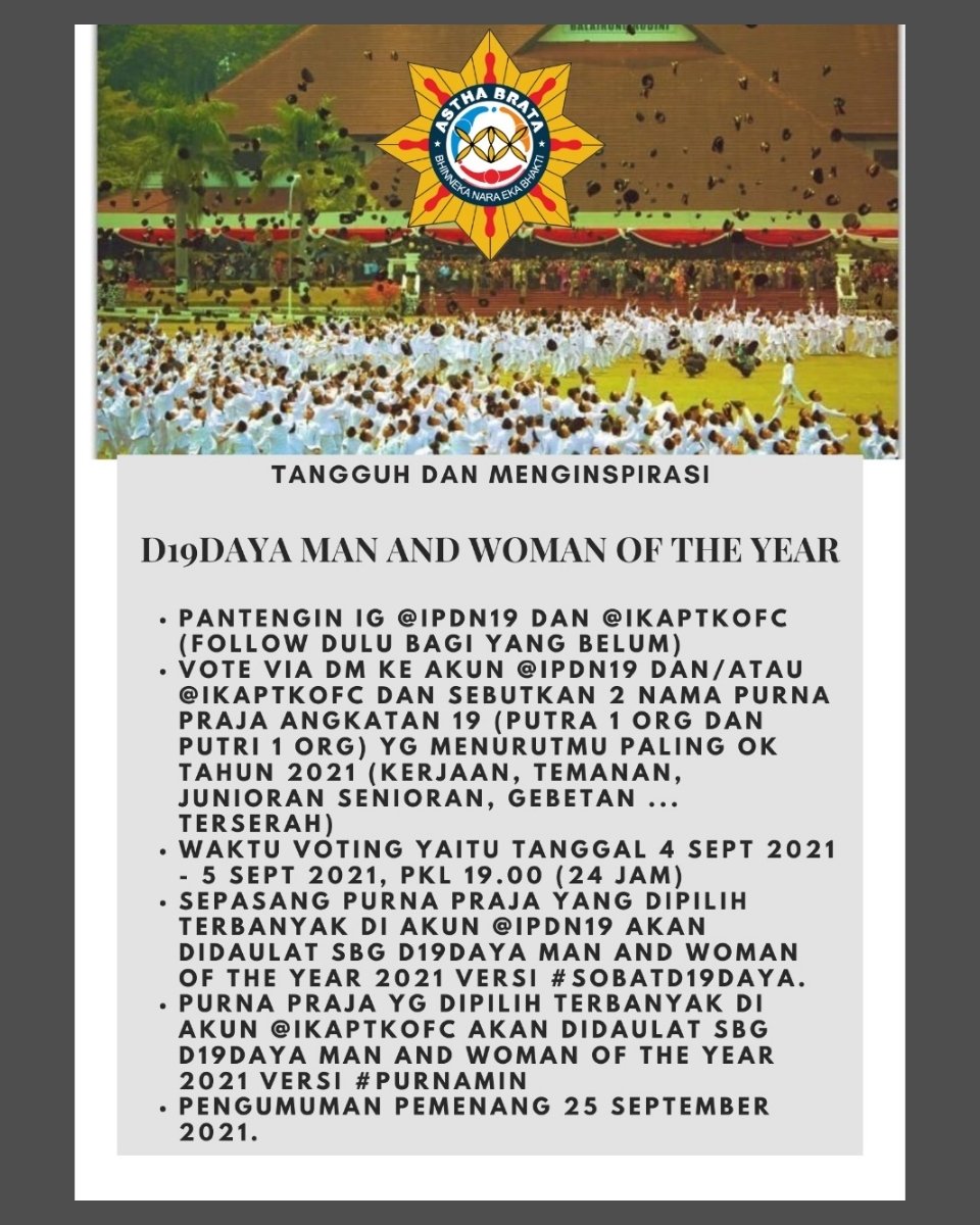 ipdn19's tweet photo. Sobat D19DAYA (haseeeek)

Dalam rangka memeriahkan 9 Tahun pengabdian 19, kita buat lomba kecil2an yaa.

Sila dibaca rules of gamenya di bawah ini. Mari berpartisipasi 😁🙏

D19DAYA, Tangguh dan Menginspirasi.

BNEB! https://t.co/c2bZRM7ECK