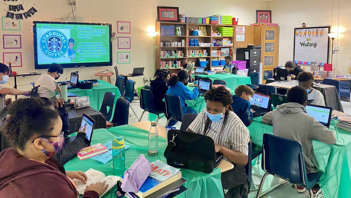 FRMSEagles's tweet photo. Ms. Boykin has transformed her classroom today into a Starbucks so her students could focus on writing their final drafts of their papers… stop by and see it for yourself if you get a chance!! @EagleStem @fcboe #FlatRockForward #EagleNation https://t.co/kPT0RxPSYv