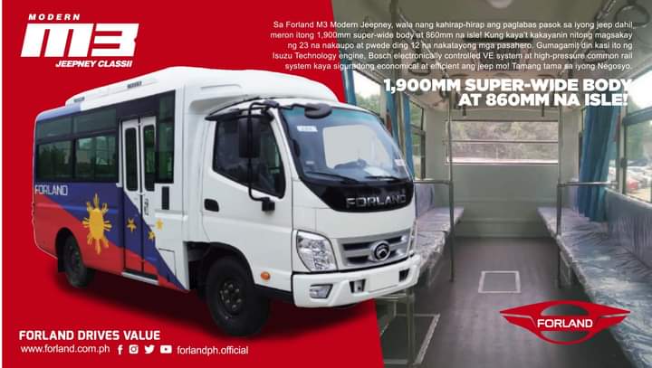 forland_ph's tweet photo. Sa Forland M3 Modern Jeepney, wala nang kahirap-hirap ang paglabas pasok sa iyong jeep dahil meron itong 1,900mm super-wide body at 860mm na isle! Kung kaya’t kakayanin nitong magsakay ng 23 na nakaupo at pwede ding 12 na nakatayong mga pasahero. 

#GarantisadoNgForland https://t.co/93BFKqr4IE