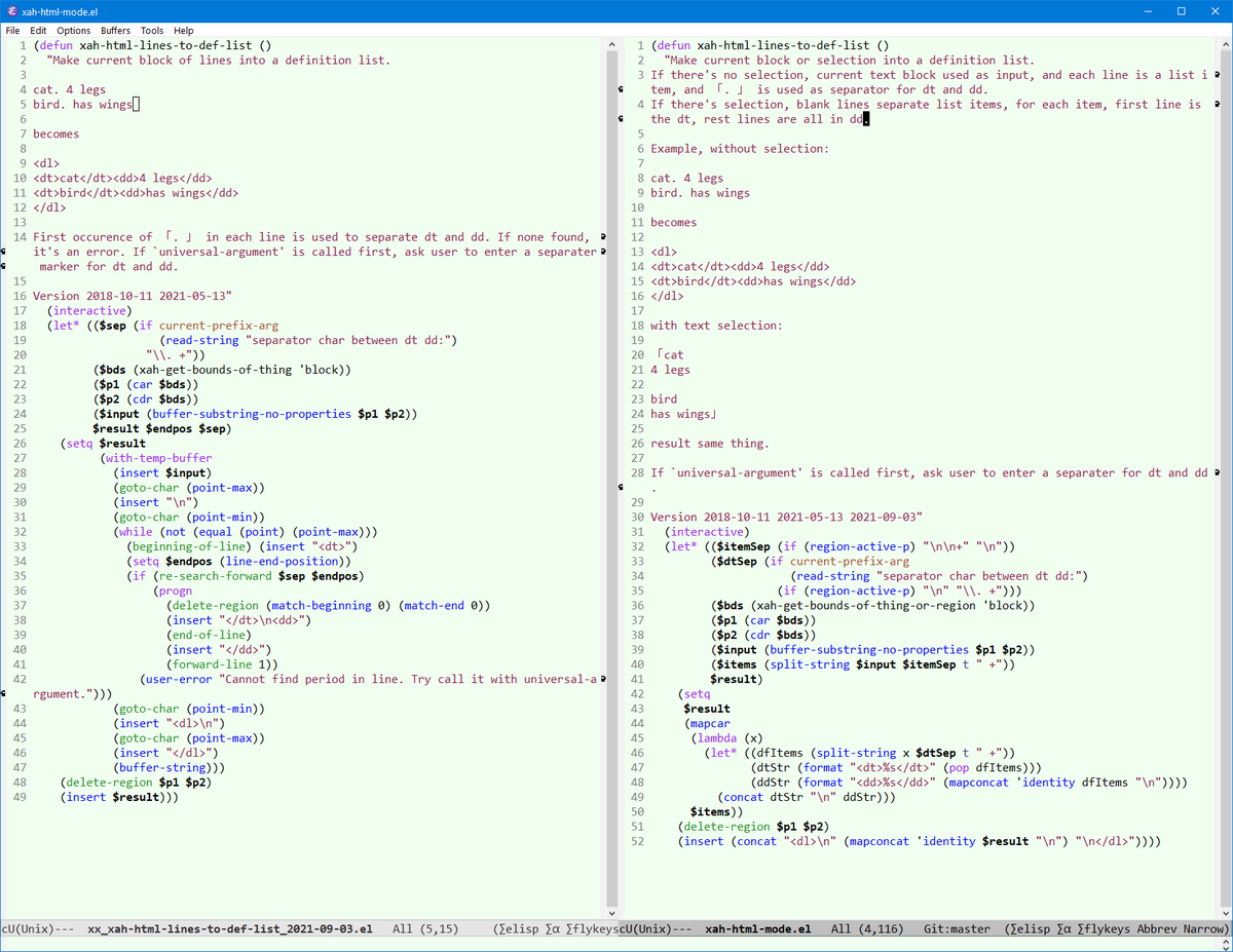 elisp. Major rewrite of a command, using completely different approaches.
Left: text processing.
Right: turn the text into nested list.
In this case, the nested list is shorter, more readible, and actually more features.