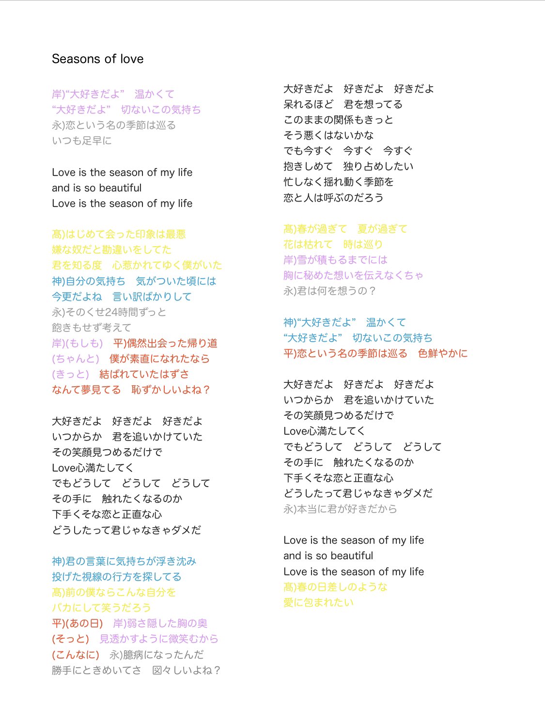 アルティメット工房 キンプリ Seasonsoflove パート分け 7枚目singleのカップリング曲です 21 00に恋愛の曲でもある 恋降る月夜に君想ふ が公開されるので 以前の曲も歌割りしてみました ᐡ ᐡ 𓈒𓏸 岸くんからの歌い出しになります