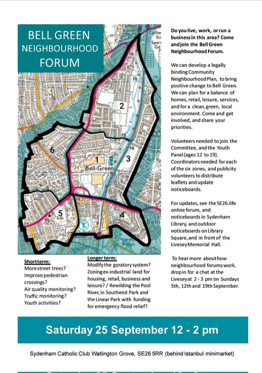 Bellingham News:

Bell Green Neighbourhood Forum seeking your views. 

Saturday 25th September 
12-2pm

Sydenham Catholic Club
Watlington Grove
#SE26 5RR