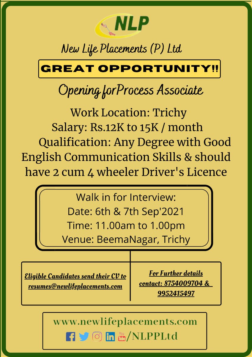 NLPPLtd's tweet image. Job Opening for Process Associate
Location: Trichy
#Processassociate #jobseeker #Urgentjobs #Recruitments #job #Latestrecruitmentupdates #Jobseekers #Jobaspirants