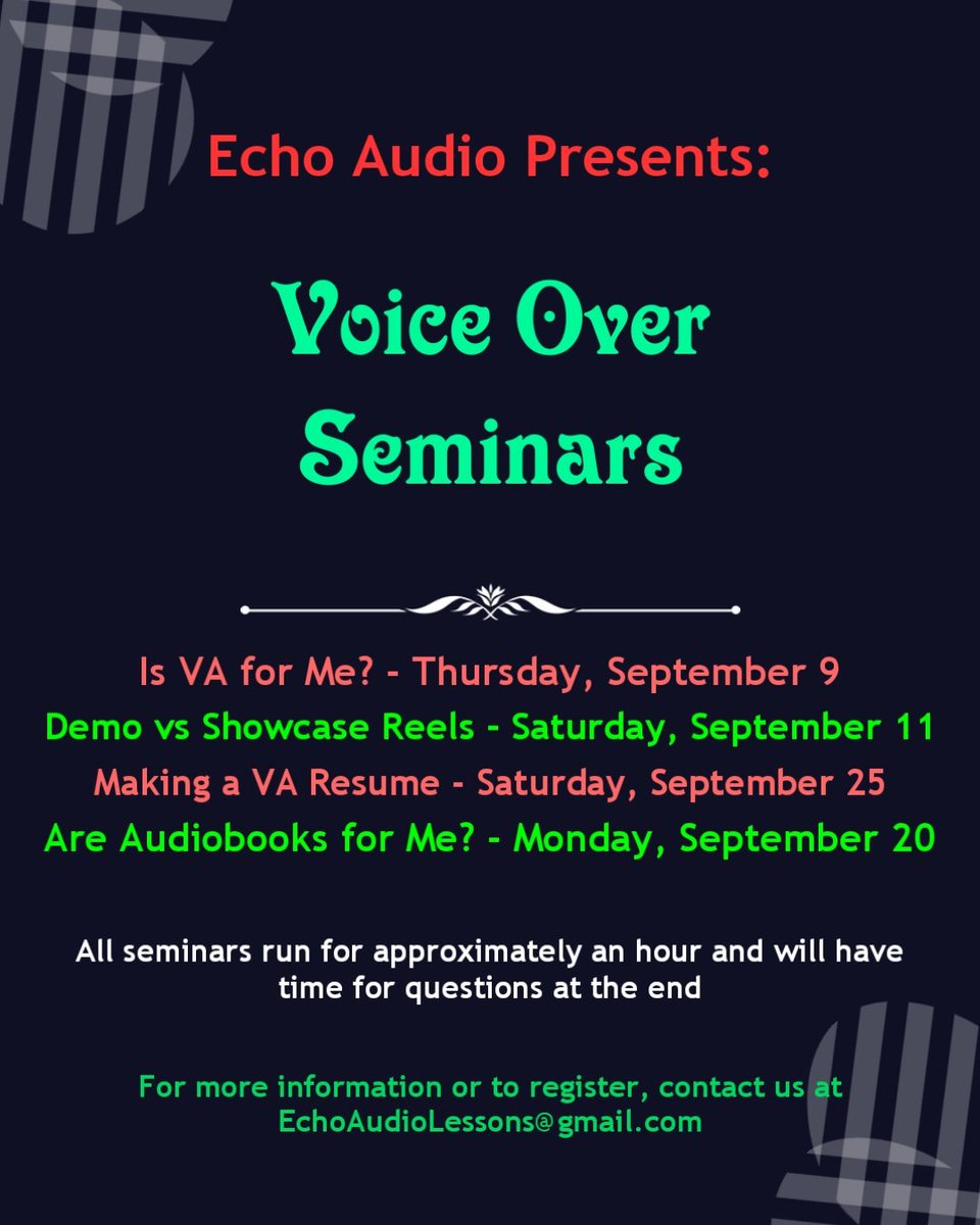 Here are our list of seminars for September! Feel free to contact us for more info or to register! #voiceover #training #vacourses #vatraining #virtualclasses #voiceacting #va #vo