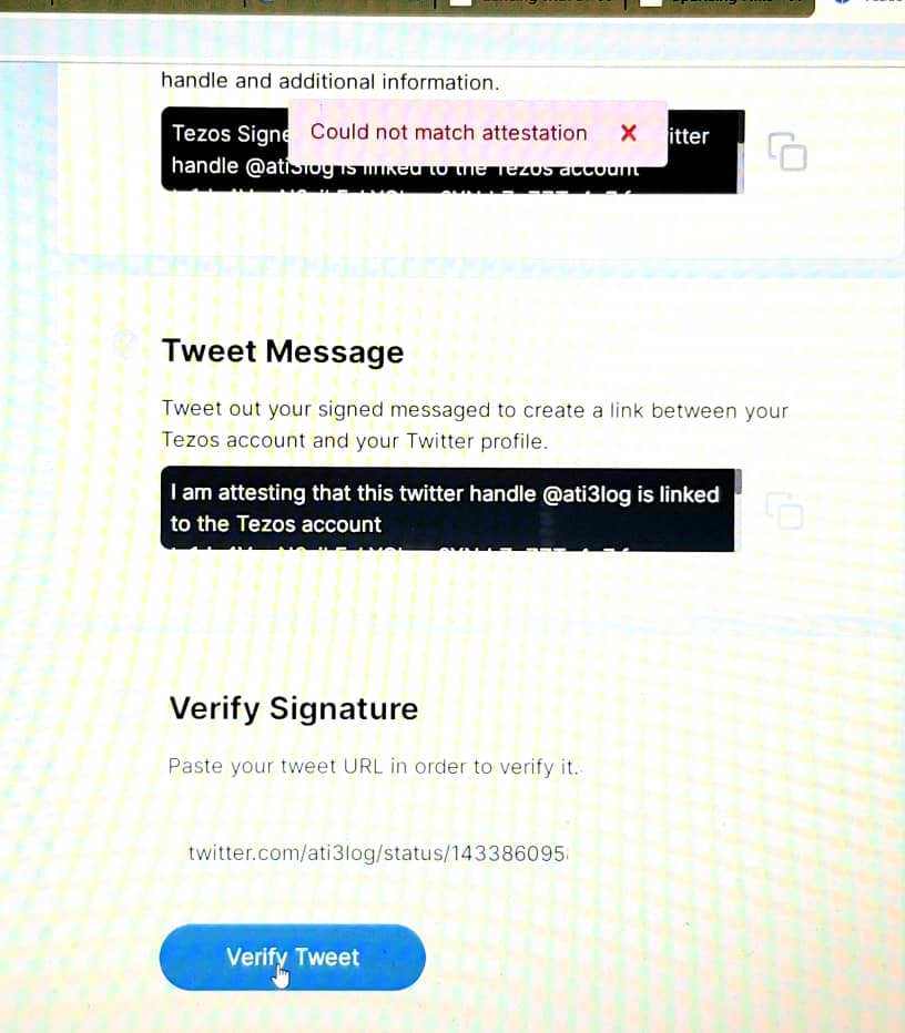 ati3log's tweet photo. I want to link my twitter to #HEN. What does it mean "could not match attestation" ??? What should I do?
#tzprofiles #hicetnunc https://t.co/zLi77f0AJB