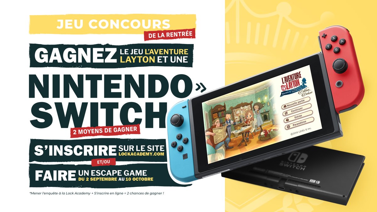 !! #JeuConcours !!! Et si vous meniez l'enquête à la maison ?! 🕵️

Pour son 6e anniversaire, Lock Academy #Paris vous offre une #NintendoSwitch et le jeu L'Aventure Layton ! 🎮

Comment gagner ? Réponse sur lockacademy.com/jeu-concours-g…

#jeu #concours #escapegame #cadeau #sortiraparis