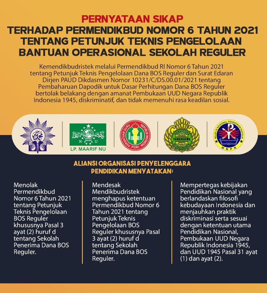 Kami menilai sikap NU, Muhammadiyah, PGRI, Taman Siswa, dan Majelis Nasional Pendidikan Katolik yang menolak Permendikbud 6/2021 bisa dipahami. 

Kami berharap Mas Menteri Nadiem Makarim bisa menanggapi penolakan ini bijak.

liputan6.com/news/read/4649…