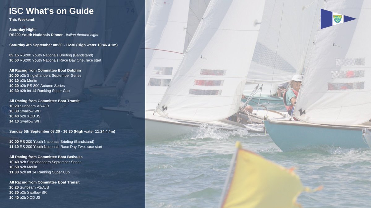 It’s the weekend … &amp; time to get racing! 

👇 for ISC’s ‘What’s on Guide’ for Saturday &amp; Sunday. 

Plus there’s daily rowing outings 🚣‍♀️&amp; Chef Danny’s Grill &amp; sandwiches shore side. ☕️🍽 

#itchenorsailingclub #chichesterharbour