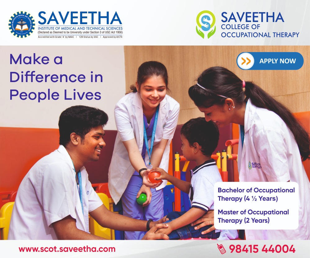 Occupational therapy (OT) is a branch of health care that helps people of all ages who have physical, sensory, or cognitive problems. Occupational therapists help with barriers that affect a person's emotional, social, and physical needs. Visit scot.saveetha.com #SIMATS