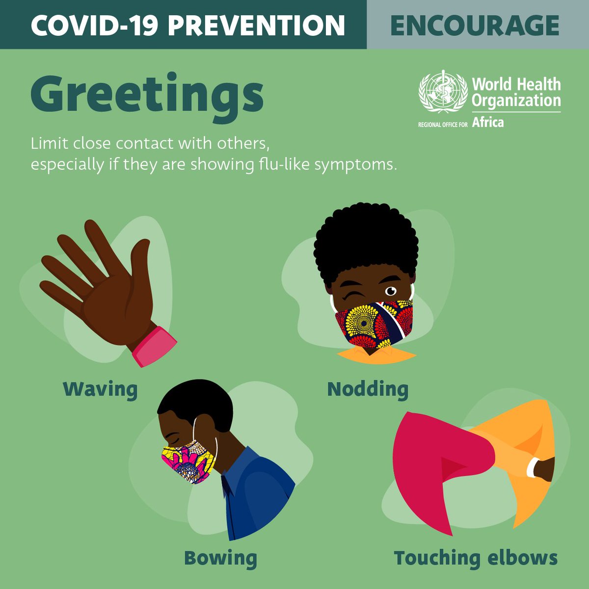 What you can do when you want to greet someone:
✅wave
✅node 
✅bow
✅touch elbow 
<a href="/WHO/">World Health Organization (WHO)</a> <a href="/WHO_Zimbabwe/">WHO Zimbabwe</a> <a href="/MoHCCZim/">Ministry of HealthZW</a> <a href="/SwedeninZW/">Sweden in Zimbabwe 🇸🇪</a> <a href="/UNFPA_Zimbabwe/">UNFPA Zimbabwe</a>