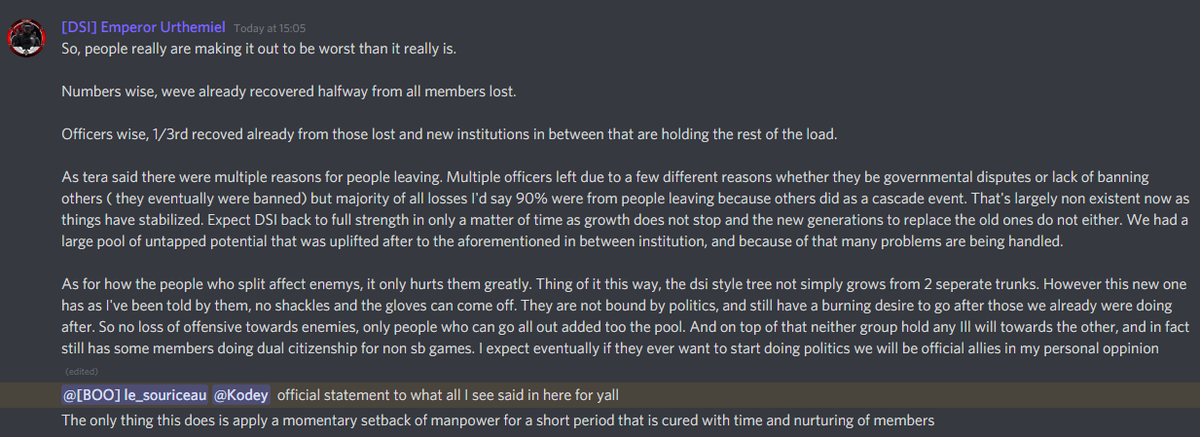 hookpawedmouse's tweet photo. Official statement from [DSI] Emperor Urthemiel (made in context of sitauation discussion on BOO Memeserver):

#StarbaseGame https://t.co/t5Z1hnzUqC