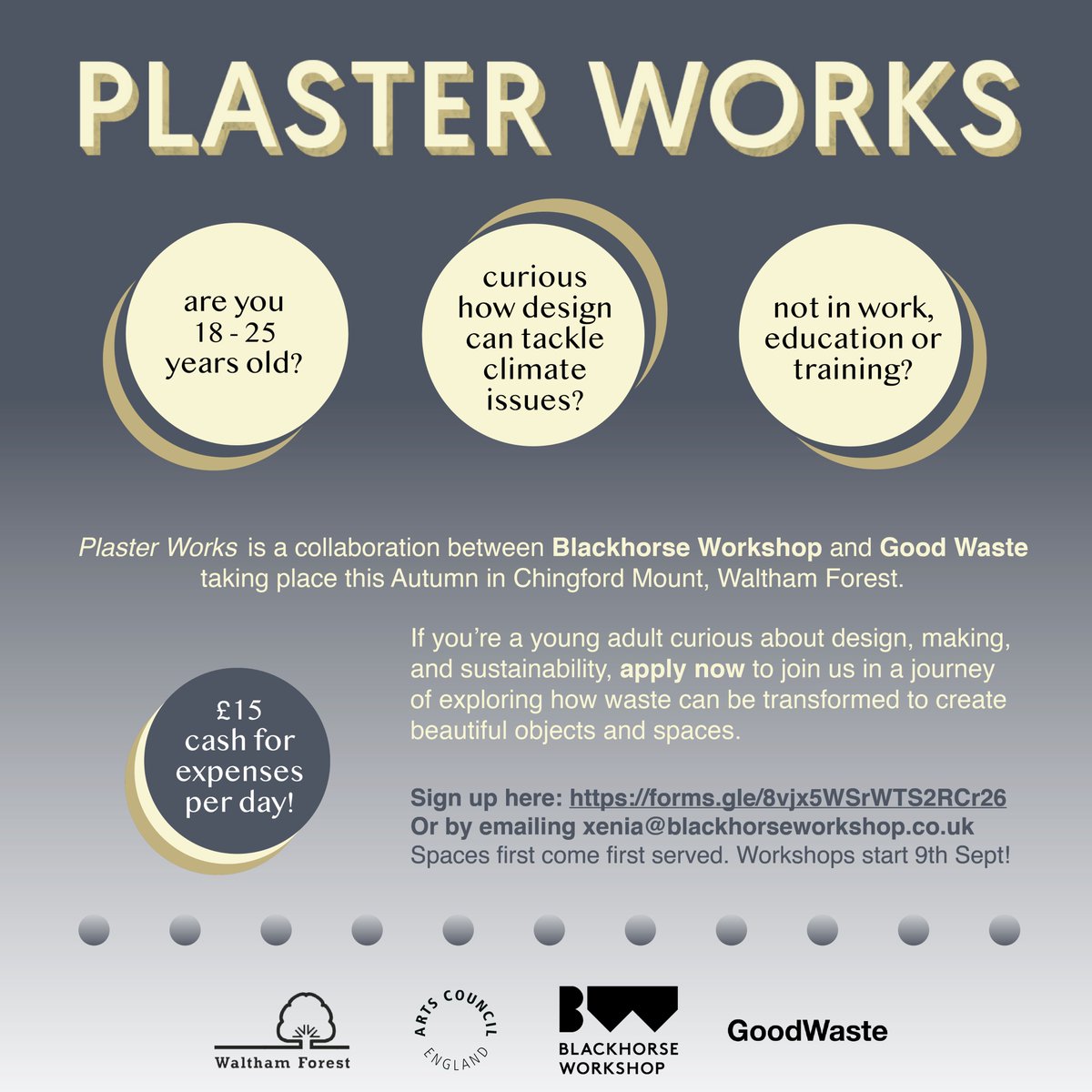 BlackhorseWS's tweet photo. Know a young Londoner not in work or education? Spaces on our free design workshops with #GoodWaste in #ChingfordMound are going fast! They'll get Β£15 daily for food + travel. Please share!
Sign up here: https://t.co/YDdt37sJEs
@wfcouncil @wfcouncil_jobs @LBWFCEP @WFculture19 https://t.co/B5aeyW5CI2