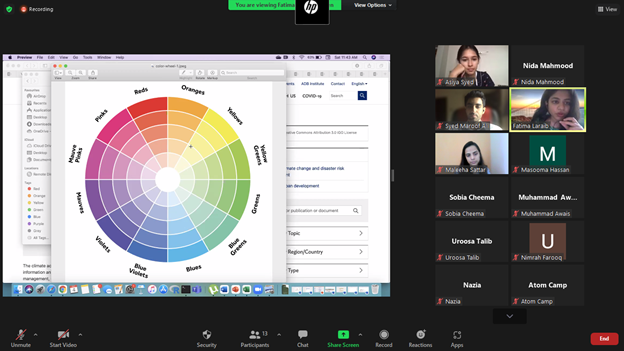 atomcamp's tweet photo. It's a happening day at @atomcamp! While our in-person hospitality &amp; rest mgmt course is happening in #GilgitBaltistan, we are having a virtual workshop on Visual Communication by the AMAZING @fa_laraib! Here she's teaching #colortheory to these atoms to create winning #designs🎨 https://t.co/OqkUlKqkrC