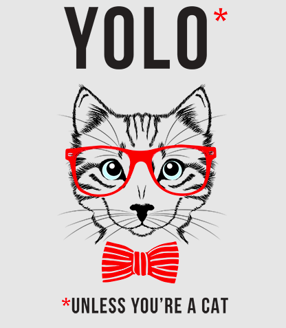 text: YOLO, unless you're a cat; next to the drawing of a cat with glasses and a bow