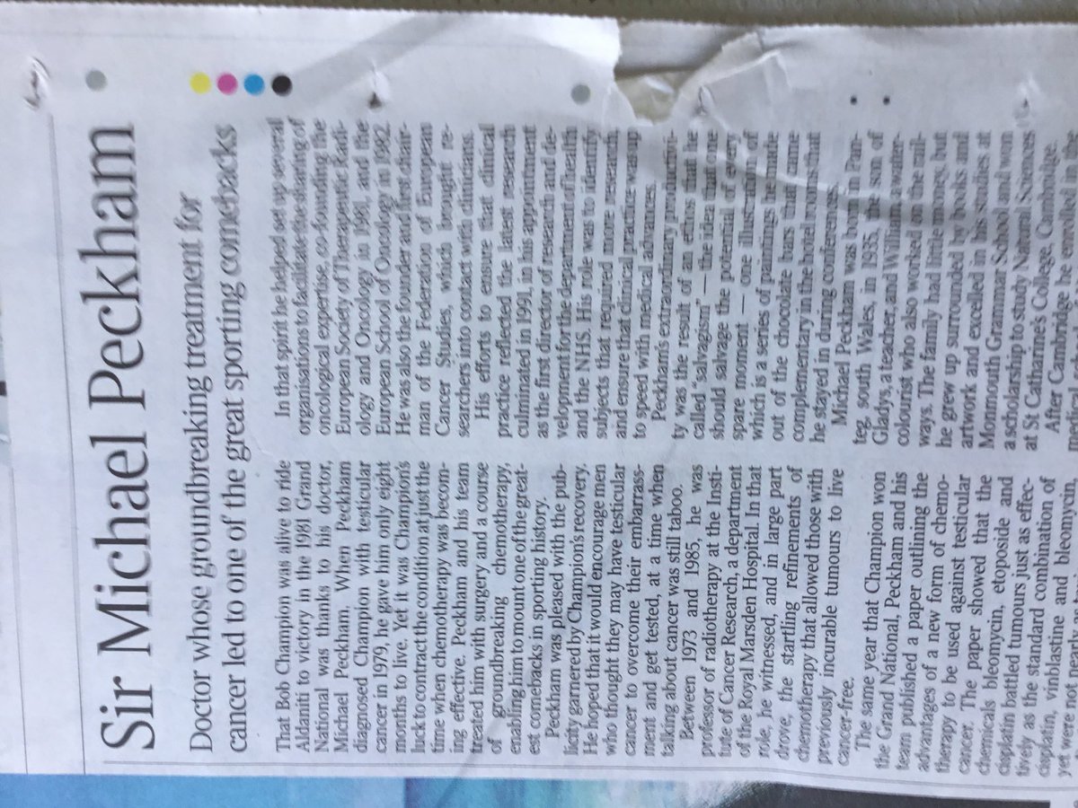 PowellJfpracing's tweet photo. Fitting obituary in the Times this morning on Professor Michael Peckham who persuaded ⁦⁦@BobChampion1981⁩ to try ground breaking chemotherapy after surgery for testicular cancer. 18 months later Bob completed an inspired comeback on Aldaniti in the 1981 Grand National. https://t.co/vw4k1O2qh2