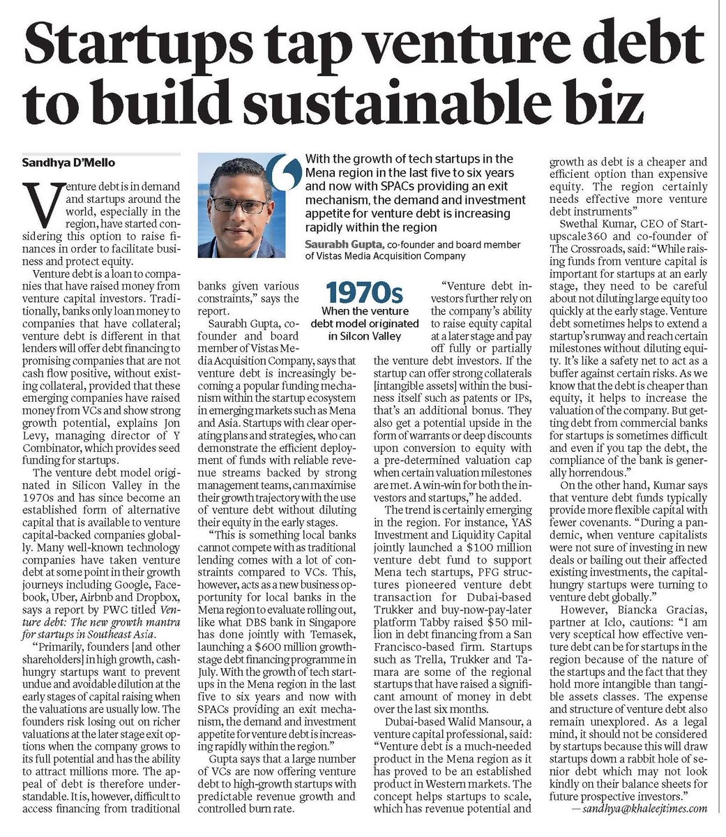 Today in @khaleejtimes (Business Section) #uae , I share my views about the growth in Venture Debt across #menaregion and #asia supporting the #startup ecosystem. khaleejtimes.com/business/start…