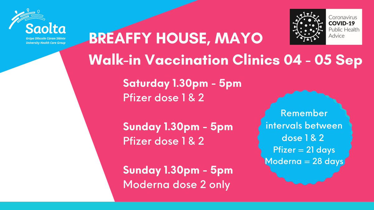 HSE_West_NWest's tweet photo. A special call out for #Mayo 💚❤️

💉Get a vaccine this weekend, protect yourself and your community ahead of #MayovTyrone #WeCanDoThis #MayoForSam

#COVIDVaccination Centre in Castlebar is open 1.30 - 5

💉Sat - Pfizer dose 1 &amp; 2
💉Sun - Moderna dose 2 only AND Pfizer dose 1 &amp; 2 https://t.co/XzxtPjCGib