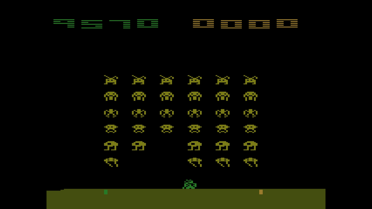 KushikatsuKushi's tweet photo. Today's best score: 19,570
I guess that Atari 2600 does not have sufficient memory to generate complex pseudo-random number, and all the beaviors of the bottom aliens can be predicted. But I haven't found it yet.
Space Invaders. #Retron77 #Atari2600 #RetroGaming https://t.co/F6cELEoyQN