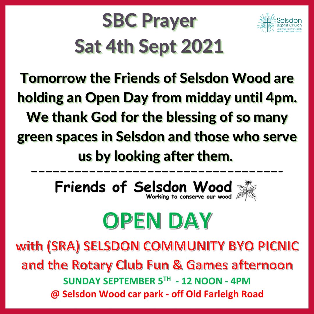 Today’s SBC Prayer 🙏 

#sbcprayer #friendsofselsdonwood #openday #greenspaces #volunteers #selsdon #prayerlife #selsdongreenspaces #saturdayprayer #selsdonwoods