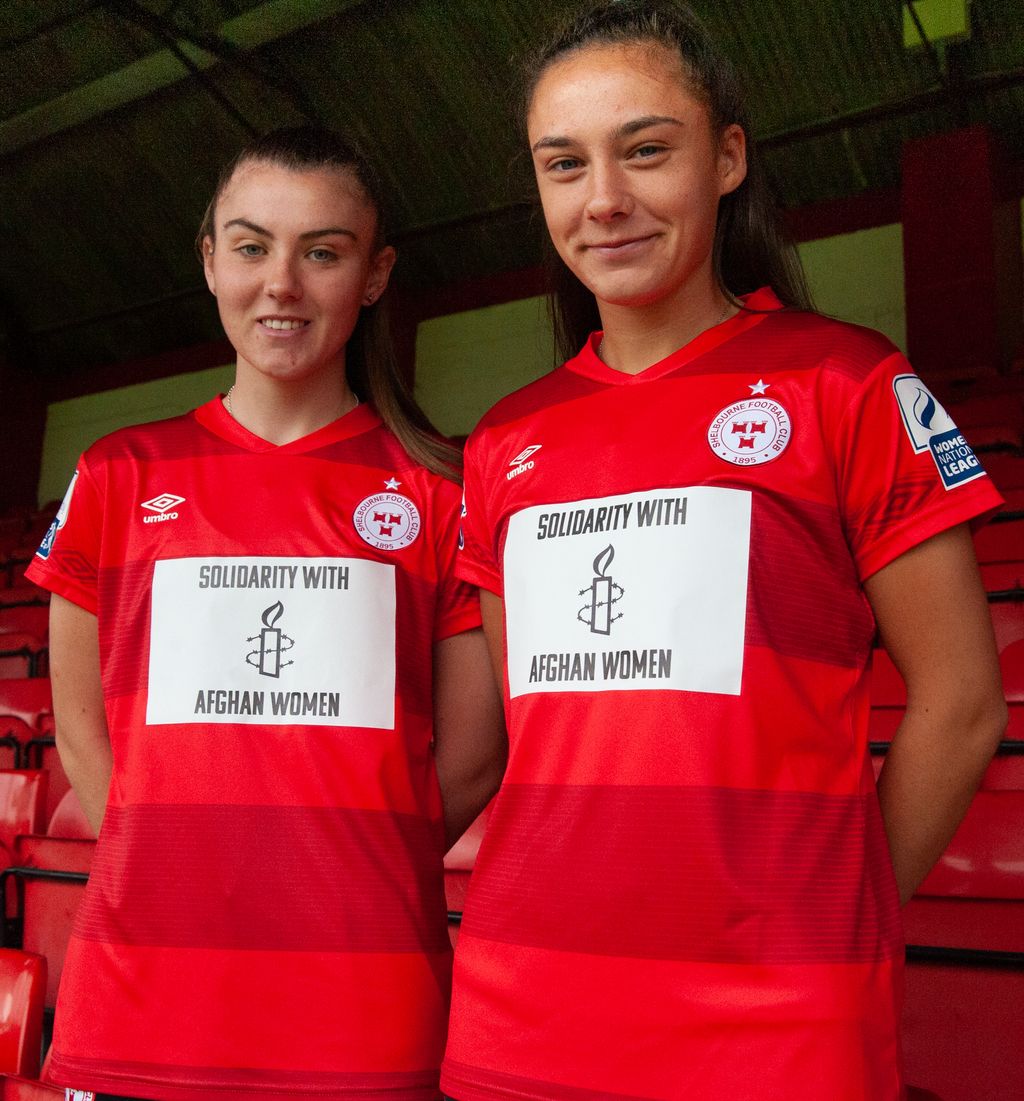 Inspired by #Afghanistan’s women's football team, many of whom have reportedly fled the country after the Taliban take over, today <a href="/shelsfc/">Shelbourne FC 🏆</a> women's quarter final jersey will bear a message of solidarity as thousands are still at risk in Afghanistan.

Share &amp; show your support ✊