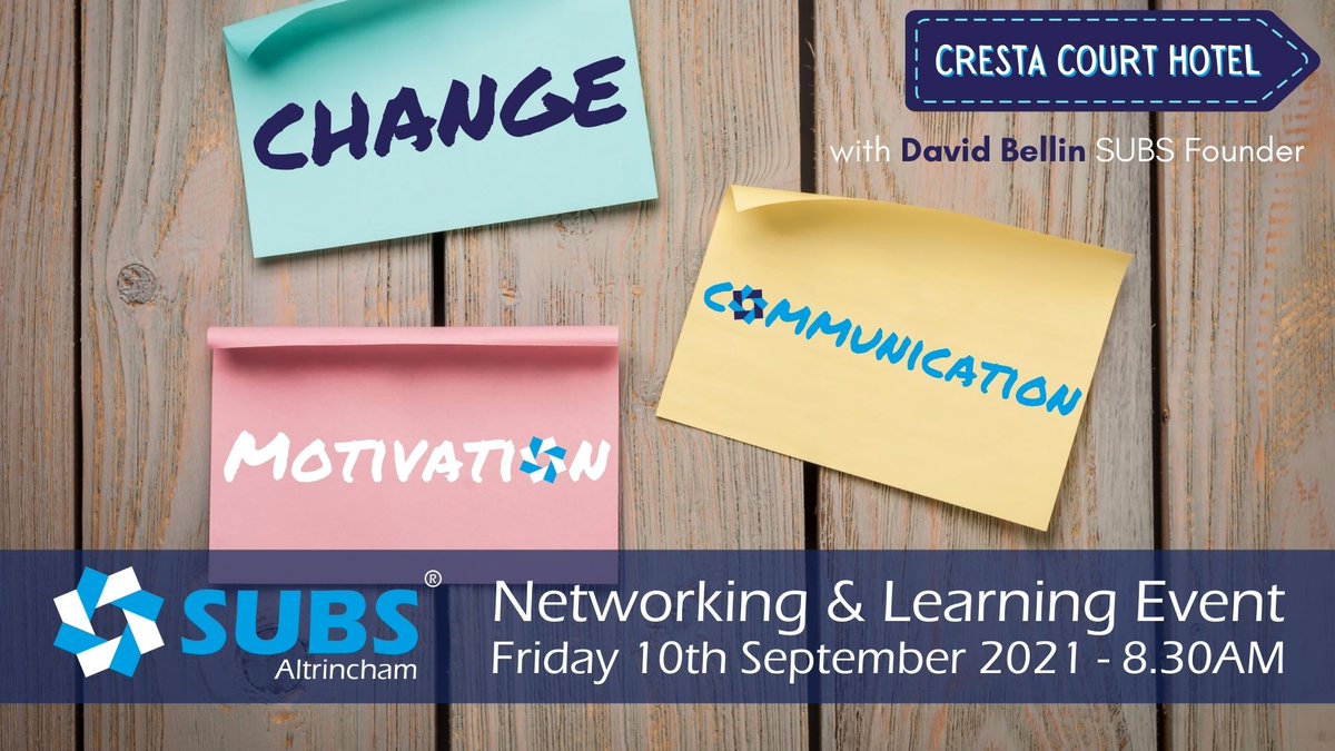 Missed our first face-to-face SUBS Networking &amp; Learning Event yesterday w/ <a href="/SubsWilmslow/">SUBSWilmslow</a>?

No worries, we still have more coming! Join us next Friday at the Cresta Court Hotel with our very own SUBS Founder <a href="/DavidBellinUK/">David Bellin</a>.
 
To join us, book here: portal.subsbusinessevents.co.uk/post/subs-altr…
