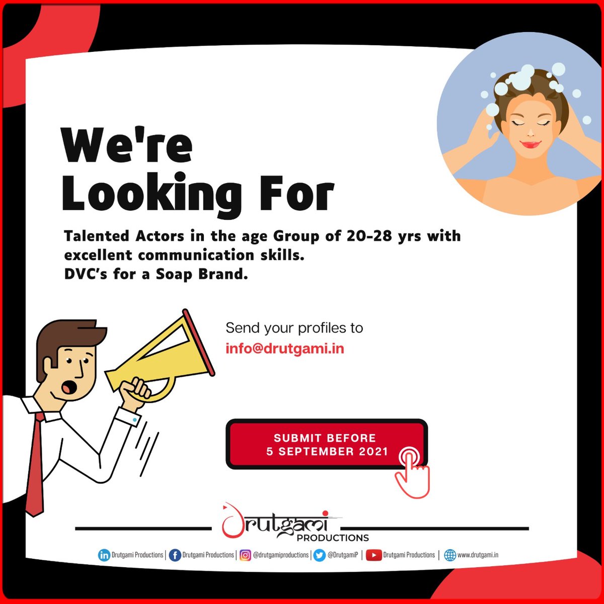 DrutgamiP's tweet photo. Casting Call !!
Talented Actors in the age Group of 20-28 yrs with excellent communication skills. DVC's for a Soap Brand.
#drutgamiproductions #digitalfilms #soaps #refreshingbathing #wantingactors #actors #requireactors #actorsneeded #castingcall #casting #castingcalls https://t.co/d0huZznOeZ