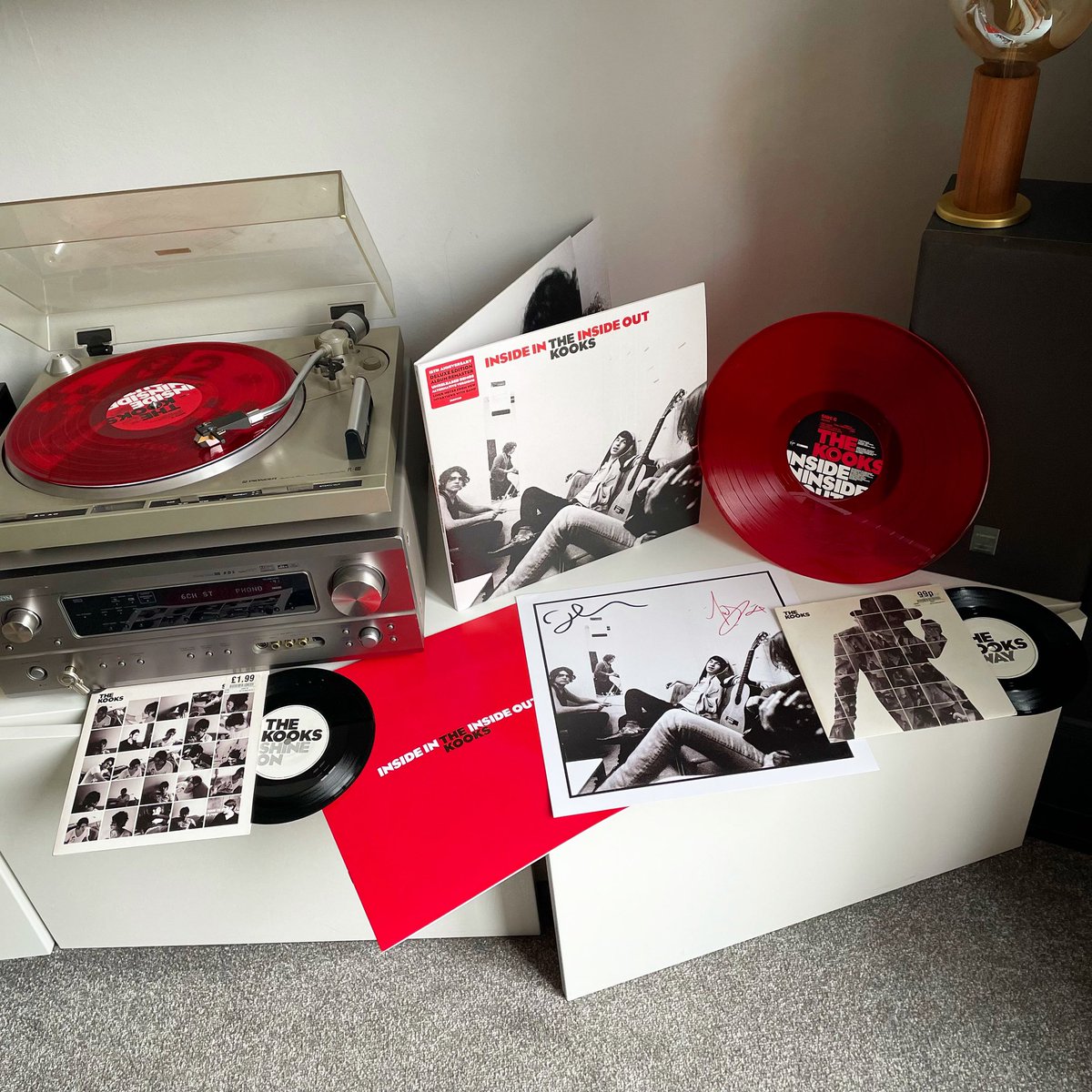 benchampniss's tweet photo. Kicking the day off with @thekooksmusic - 15th anniversary release of their debut album, Inside In Inside Out. 15 years?!?!? Here on limited edition red vinyl with signed litho print. #thekooks #insideininsideout #vinyl #nowplaying #nowspinning https://t.co/Z7j9LVmG1g