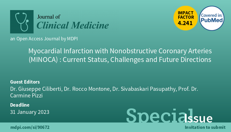 --- Submit your research on MINOCA ---

Myocardial Infarction with Nonobstructive Coronary Arteries (MINOCA): Current Status, Challenges and Future Directions mdpi.com/si/90672 #mdpijcm via <a href="/JCM_MDPI/">JCM MDPI</a> 

Special Issue Website: mdpi.com/journal/jcm/sp…

<a href="/TharshyP/">Tharshy Pasupathy</a> <a href="/RoccoMontone/">Rocco Montone</a>