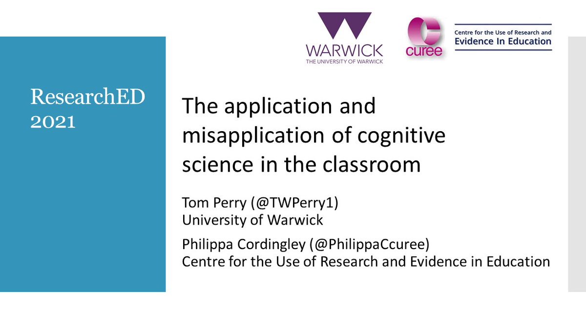 Listen and talk to Tom Perry and Philippa Cordingley about their systematic review of the research evidence about Cognitive Science in the Classroom at this year's ResearchED

curee.co.uk/node/5221
#researchED #rED21