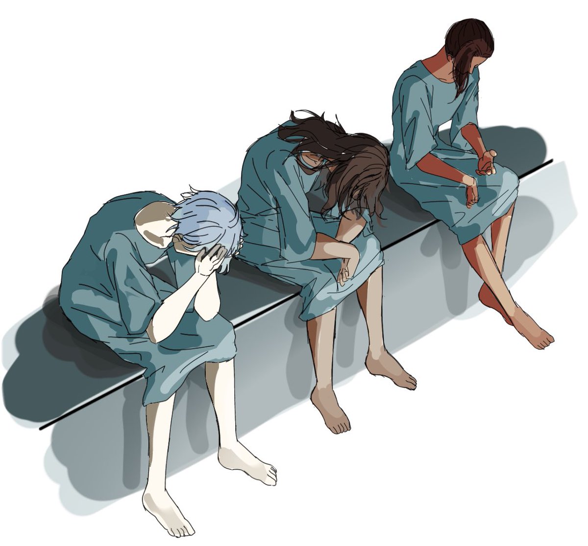 barefoot sitting brown hair multiple girls long hair 2girls hospital gown  illustration images
