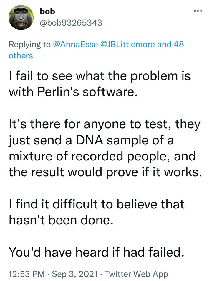 Dr. Perlin's analysis would have to fail at distinguishing Madeleine's DNA markers from the exact same markers that would already be in a mix of just her parents' DNA.

#McCann