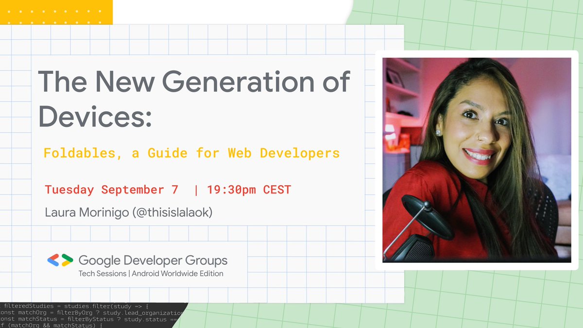 gdgtechsessions's tweet image. 📆 TODAY, AT 19:30 CEST!

Do you know that Laura Morinigo (@thisislalaok) will be with us in a few hours to talk about the concerns and challenges from foldable devices to web developers?

Join us👉 bit.ly/FOLD-YT

#GDGTechSessions @GoogleDevExpert
