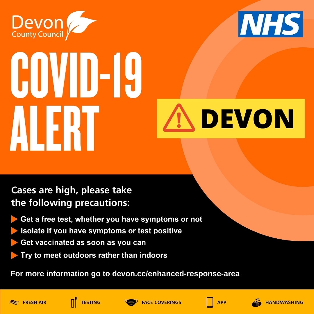 ⚠️Devon has been designated an 'enhanced response area' in response to high case rates of COVID-19 so it's important we all carry on doing our bit

▶️ Wear a face covering
▶️ Get tested regularly
▶️ Get both vaccinations
▶️ Meet outside where possible
▶️ Wash your hands regularly
